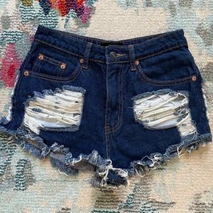 Frayed Dark Denim High Waisted Shorts